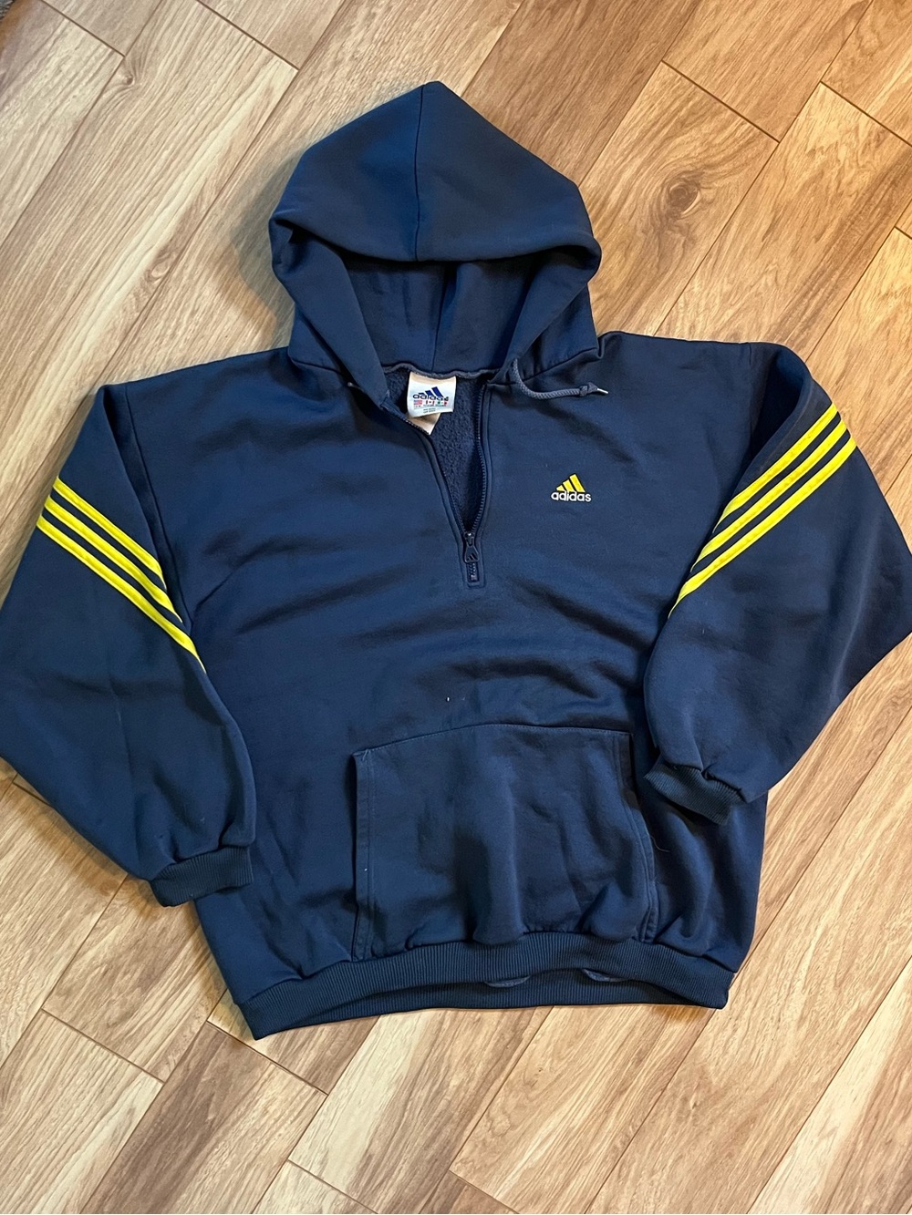 Vintage blue Adidas quarter zip up hoodie with yellow details